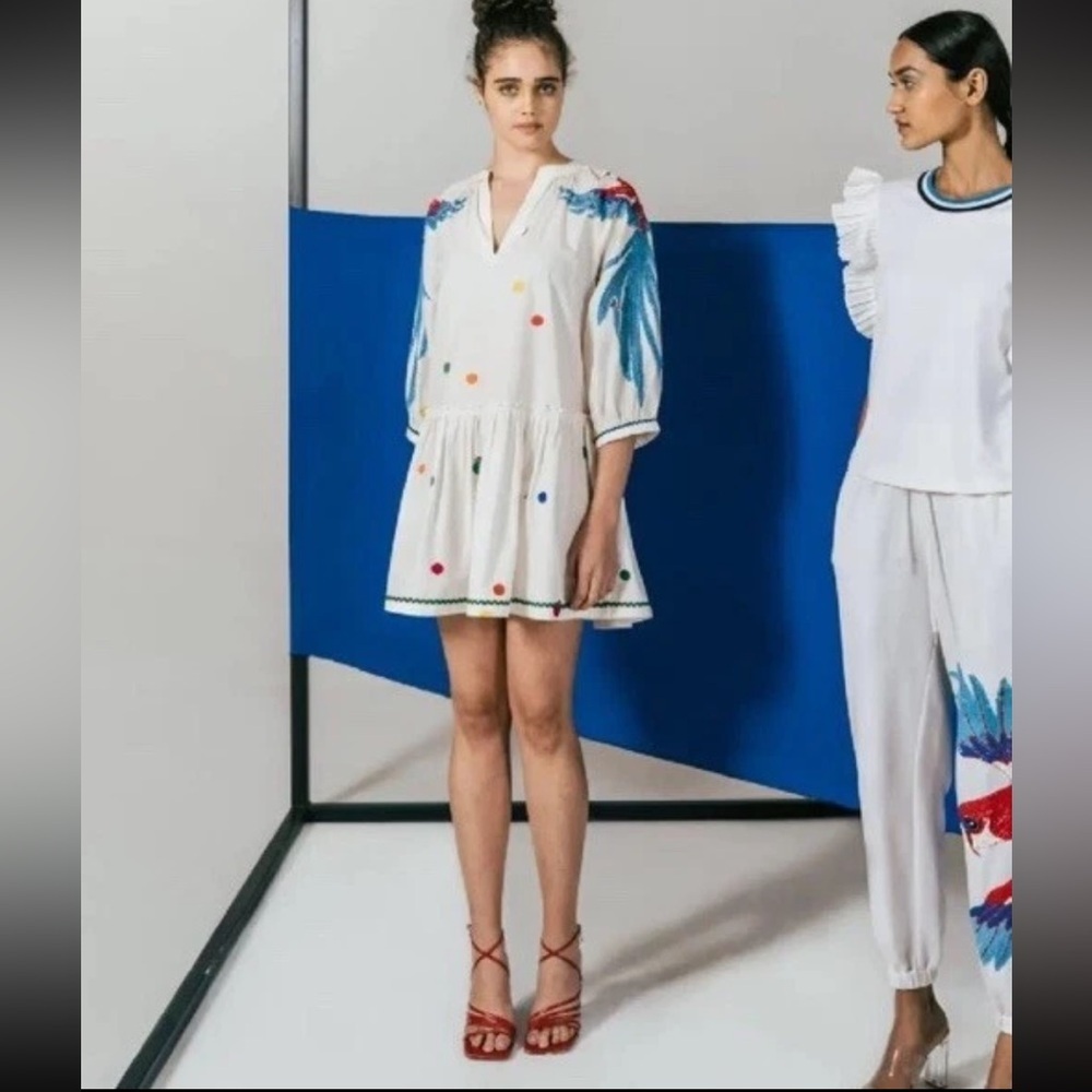 VIAM PARROT SEQUIN blouson dress mini colorful embroidered $349 resort summer